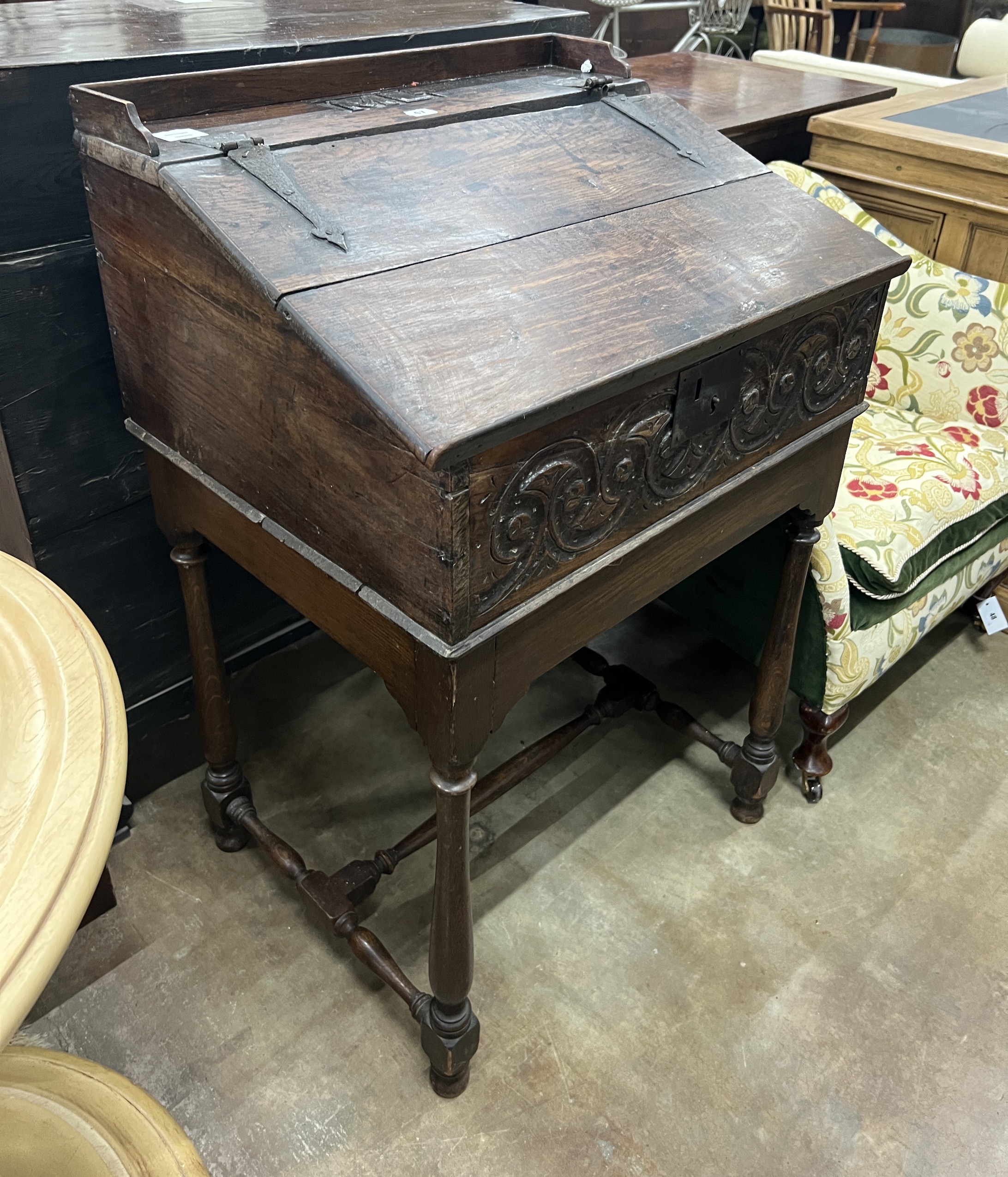 An 18th century Scottish oak rent desk, width 64cm, depth 52cm, height 101cm